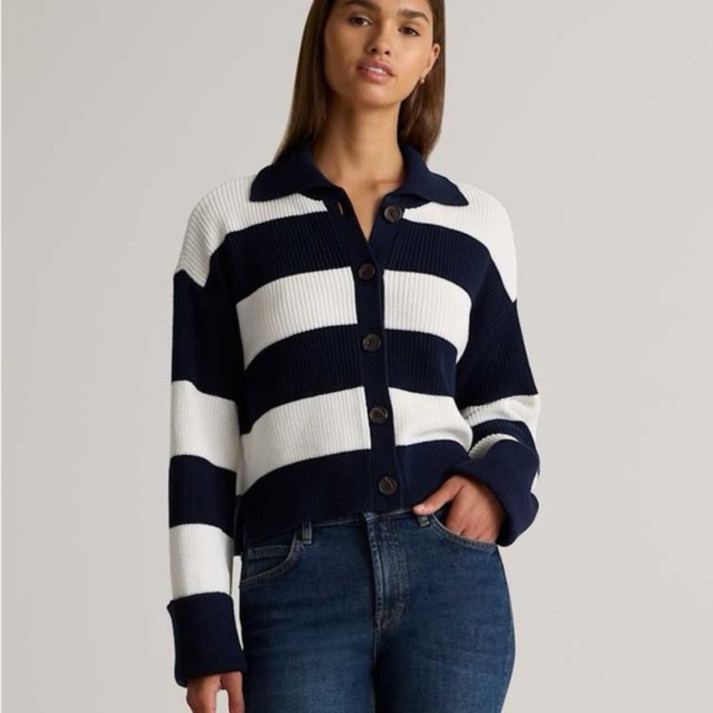 Quince Navy and White Striped Cardigan 100% organic cotton